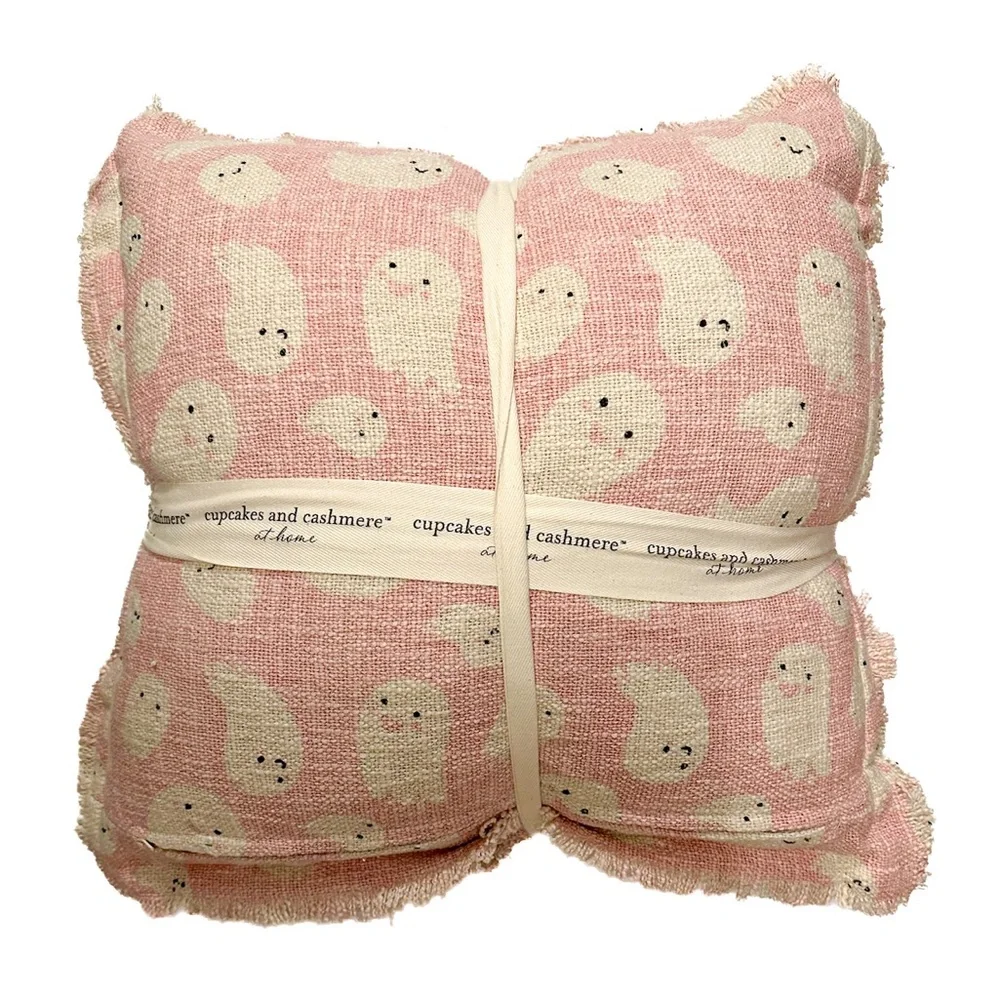 Cupcakes & Cashmere Set of 2 Halloween Pink Ghost Throw Pillows Frayed Edges